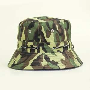 Detail of army green camouflage sun hat featuring metal vents and sport lettered cord