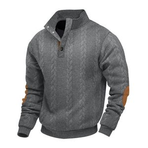 Men's dark grey cable knit sweater with stand collar button neck and elbow patches