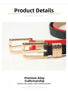 Detail of slim leather belts with gold wavy buckles in black and red finishes