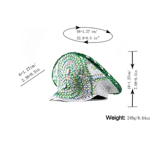 Size chart showing height and circumference of green rhinestone punk captain hat