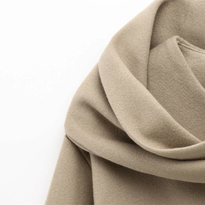 Women's crew neck jacket in beige wool blend fabric texture with matching scarf