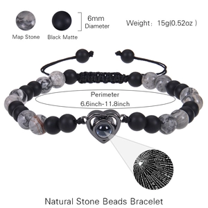 Map stone and black matte bead bracelet with heart projection charm for couples