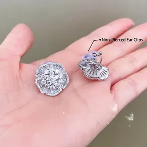 Detailed view of silver camellia clip-on earring with sparkling cubic zirconia and soft pad
