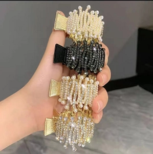 Elegant set of metal claw clips featuring pearls and rhinestones in various gold and black styles