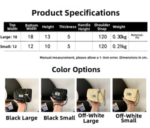Size chart showing PU leather quilted bag dimensions and color options in black and cream