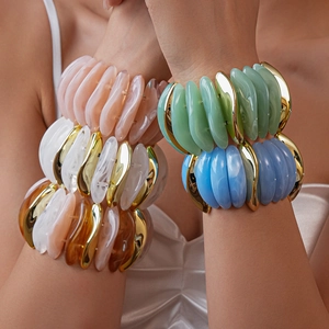 Chunky Acrylic Resin Bracelet With Metallic Gold Pieces Geometric Elastic Fashion Jewelry For Women