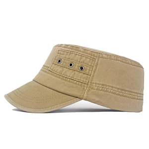 Side view of khaki washed canvas cadet hat featuring metallic eyelets and rugged texture