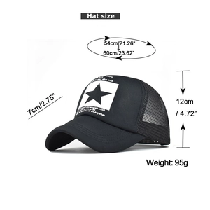 Size chart showing head circumference and dimensions for black mesh star trucker hat