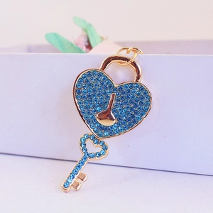 Blue rhinestone heart lock keychain with golden metal finish for handbags and car keys