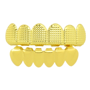 Gold plated hip hop teeth grillz set with textured top and smooth bottom metal finish