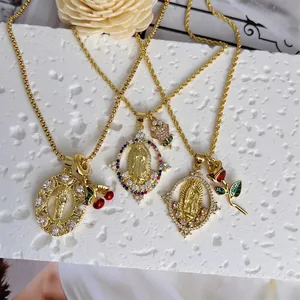 18K gold plated copper necklace set with zircon virgin mary, cherry and rose pendants