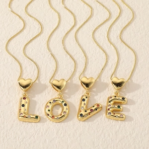Copper Heart Initial Pendant Necklace With Colorful Zirconia 26 Alphabet Letter Clavicle Chain Jewelry Gift For Women