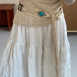 Bohemian Braided Waist Chain Belt Handmade Wax Rope With Synthetic Turquoise Wood Beads Tassels Ethnic Retro For Women