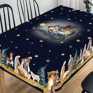 Detailed nativity scene print on dark blue Christmas tablecloth with stars and trees