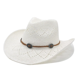 White woven straw cowboy hat with brown decorative band and silver metal buckles