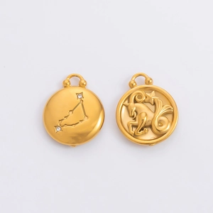 Macro shot of gold Capricorn zodiac pendant featuring constellation and mascot design