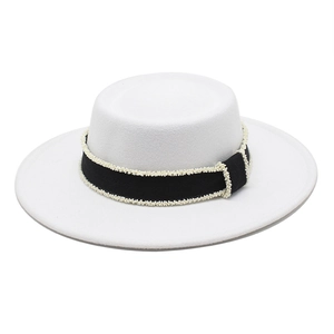 White wool felt boater hat with black grosgrain ribbon and pearl bead trim details
