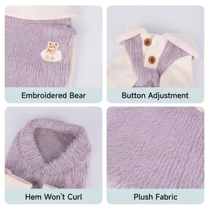 Purple fleece dog vest featuring bear embroidery and wooden button details for small pets