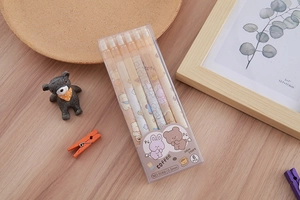 Detail of 6-piece brown mechanical pencil set with cute animal patterns in a storage box