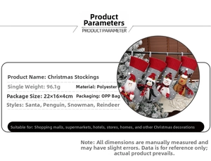 Detail view of 3D Santa and Reindeer Christmas stockings with polyester material specs