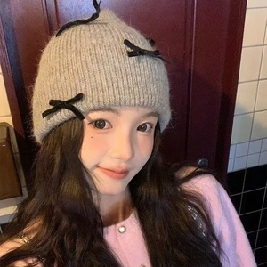 Women Winter Warm Knit Beanie Hat With Velvet Bows Thickened Soft Rabbit Hair Wool Blend Coquette Style Cold Weather