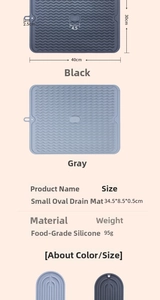 Detailed size specifications for silicone drainage mats in black and grey finishes