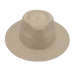 Detailed top view of the fine straw weave texture on this Panama style sun hat