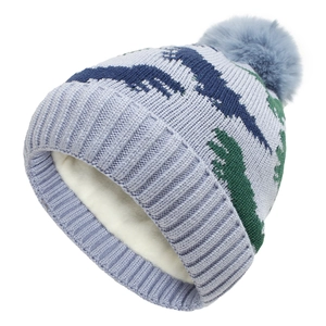 Knitted baby winter hat with dinosaur pattern, pom-pom detail, and warm fleece lining