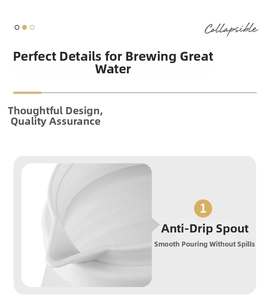 Close-up of anti-drip spout on white collapsible electric kettle with smooth water flow