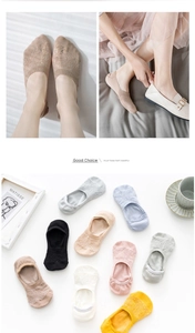 Detail of breathable lace mesh invisible socks for women in various pastel colors