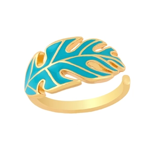 Close-up of golden tropical leaf open ring with blue enamel drip and adjustable band