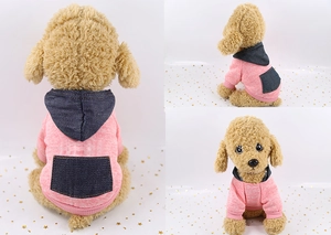 Detailed views of pink pet hoodie with denim hat and pocket from multiple angles