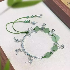 Vintage Chinese Style Bamboo Bracelet Zinc Alloy Green Resin Beads Butterfly Bell Charms Adjustable Rope Jewelry Women