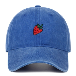 Close-up of strawberry embroidery on washed navy blue cotton baseball cap detail