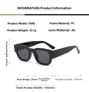 Dimensions détaillées des lunettes de soleil noires surdimensionnées anti-UV