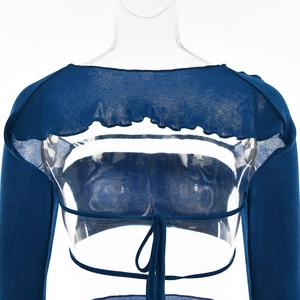Detail of navy blue long sleeve knit top with tie-up design for women fashion