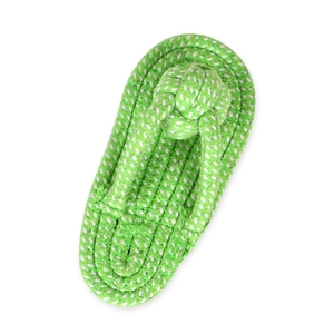 Close-up of green and white braided cotton rope toy shaped like a flip-flop sandal
