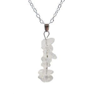 Detailed close-up of natural white agate stone pendant with silver chain necklace