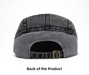 Detail of washed grey denim five-panel cap with adjustable brass buckle at the back