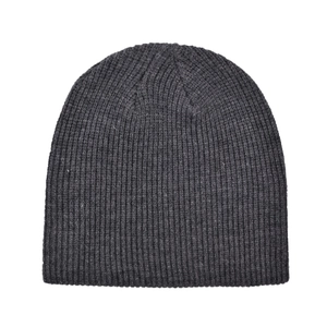 Detailed close-up of dark grey ribbed knit texture on a warm winter beanie hat