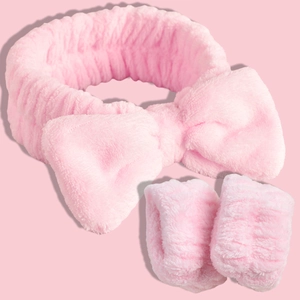 Bandeau et bracelets en polaire corail rose doux pour le lavage du visage et les soins