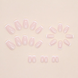 Classic French tip press-on nails with square shape in soft pink and white finish