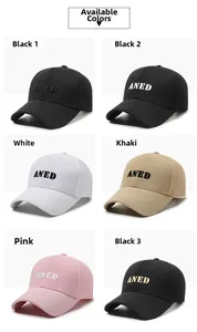 Detailed grid showing multiple baseball cap colors and ANED embroidered lettering