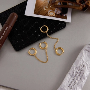 Boucles d'oreilles dorées à pampilles avec doubles anneaux en acier et zircons sur gris
