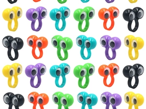 Close-up of colorful googly eye finger rings in a vibrant multi-pack assortment