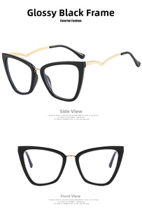 Cat eye blue light glasses with glossy black frames and wavy gold metal temples
