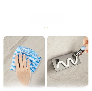 Detailed view of wall-mounted soap dish installation steps using gray bracket and sealant