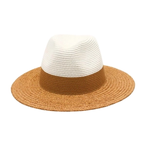 French style straw sun hat with white woven crown and brown brim for beach vacation