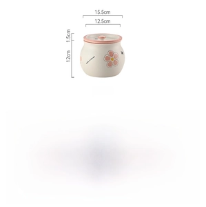 Ceramic storage jar with floral design and size dimensions shown on white background