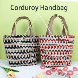 Sac à main rétro en velours côtelé avec motifs floraux géométriques et anses en toile